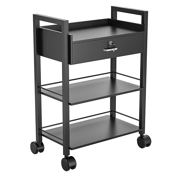 Paddie Salon Trolley Cart, Salon Tray Wooden Mobile Utility Cabinet with 1 Drawer 2 Trays, Rolling Storage Station Medical Esthetic Supply Holder for Beauty Spa (1 Drawer, Black)