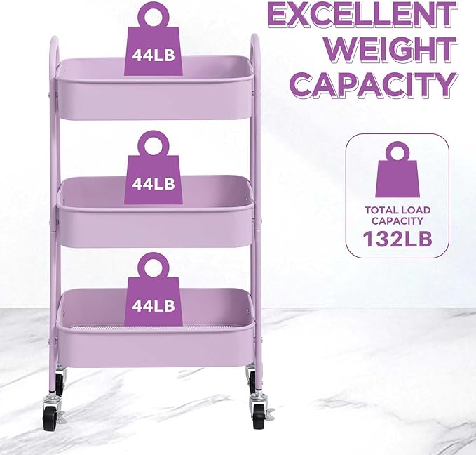 AGTEK Makeup Cart, Movable Rolling Organizer Cart, 3 Tier Metal Utility Cart with Lockable Wheels for Home & Office, Purple