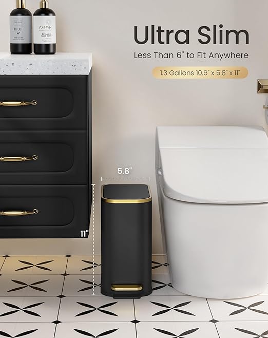 Cesun Small Bathroom Trash Can with Lid Soft Close, 5 Liter/1.3 Gallon Stainless Steel Garbage Can with Removable Inner Bucket, Step Pedal, Slim Waste Basket for Toilet, Office, Bedroom (Black&Gold)
