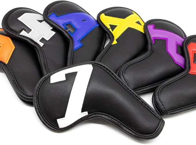 Barudan Golf Iron Club Head Covers Set Headcovers for Callaway Ping S5 - Big Colorful Number - Long Neck - Black Pu Leather fits Small Standard Oversized Golf Clubs 10pcs/Pack (Black+Color Number)
