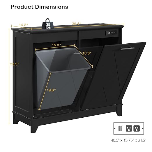 Double Tilt Out Trash Can Cabinet, 10 * 2 Gallon Garbage Trash Bin with Charging Station and Deodorizing Function, Dog-Proof Storage Cabinet for Hidden Bathroom Laundry Hamper, Black