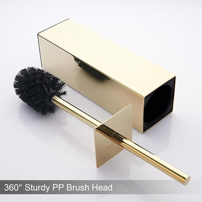 Gold Square Stainless Steel Toilet Brush with Holder, 304 Modern Toilet Brush Set – Rust Resistant, Long Handle, Replacement Heads, Floor Standing Bathroom Toilet Cleaning Brush