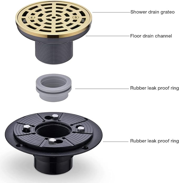 RANDOM Round Shower Drain SUS304 Stainless Steel Brushed Gold Shower Drain 4 inch with Adjustable PVC Base Flange,Shower Floor Drain with Removable Cover Grid Grate