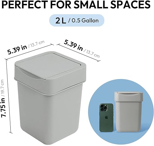 carrotez Mini Trash Can, Countertop Trash Can 2 Liter/ 0.5 Gallon, Mini Wastebasket, Garbage Container Bin for Coffee Area, Bathroom, Kitchen, Office, Tabletop- Grey
