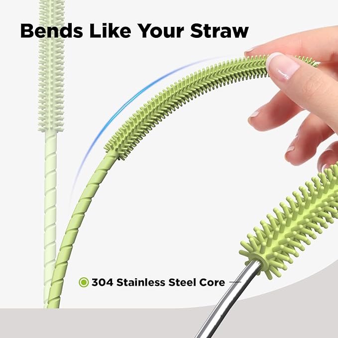 2 Pcs Silicone Straw Cleaner Brush, Extra Long Cleaning Brushes for Straws, 6mm&9mm, Green