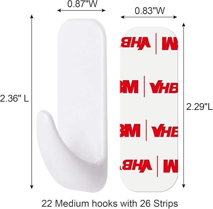 Wall Hooks for Hanging Heavy Duty, Medium 22 Self Adhesive Wall with 26 Strips no Damage, Sticky for Key, Shower,Towel, Coat, Door, Hat