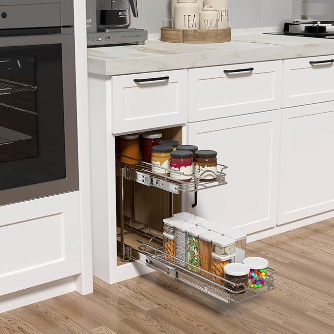 OCG 2 Tier Pull Out Cabinet Organizer (12.5" W x 21" D), Pull Out Drawers for Kitchen Cabinets, Pull Out Shelves for Base Cabinet Organization in Kitchen Bathroom Pantry, Chrome Finish