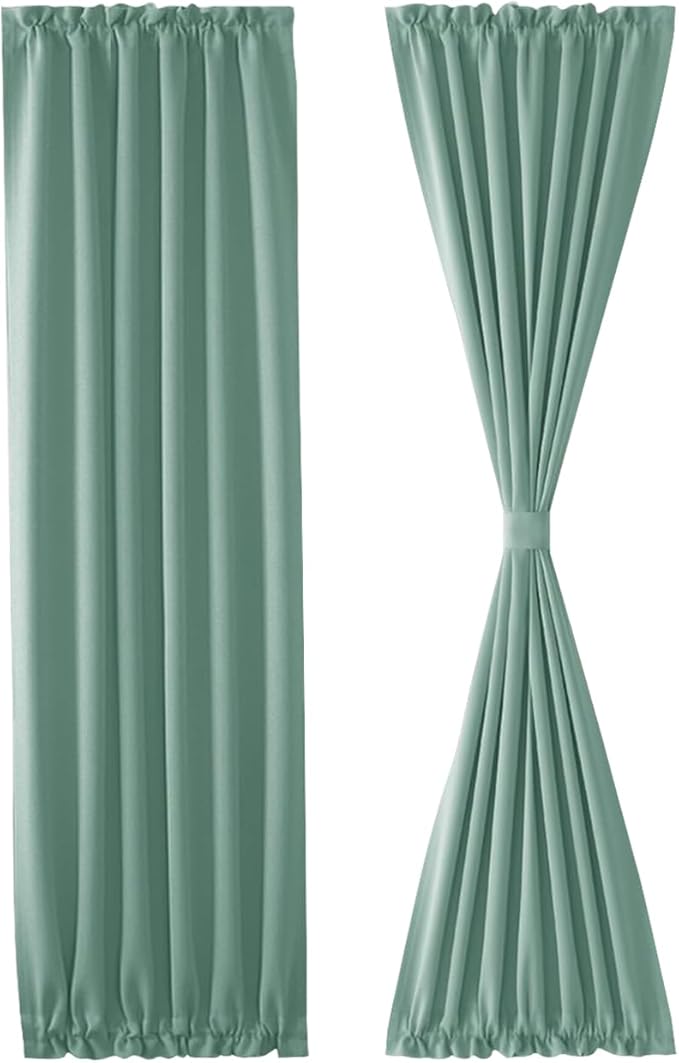 DWCN French Door Curtains – Rod Pocket Thermal Blackout Curtain for Doors with Glass Window, Kitchen and Patio Doors for Privacy, 25 X 72 Inches Long, 1 Curtain Panel with Tieback, Light Sage