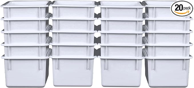 Wood Designs Cubby Storage Bin, Heavy Duty Plastic Containers for Kids White Cubby Tray Set of 20