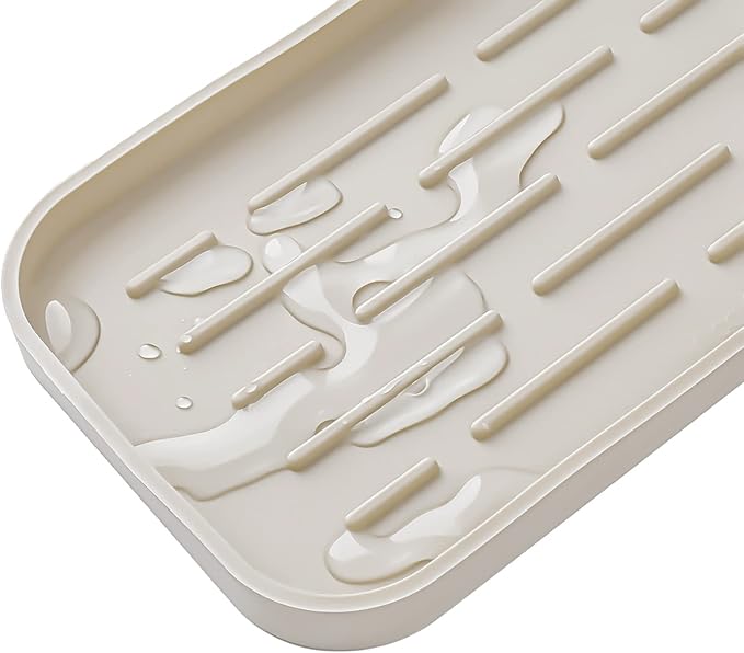 Silicone Kitchen Sink Organizer Tray for Multiple Usage,Eco-Friendly Sponges Holder for Kitchen Bathroom Counter or Sink,Dish Soap Dispenser,Scrubber,Bottle,Cup (Tapioca, 10"×5.3")