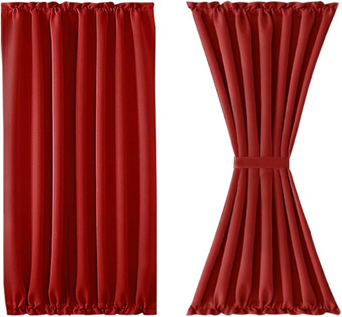 DWCN French Door Curtains – Rod Pocket Thermal Blackout Curtain for Doors with Glass Window, Christmas, Kitchen and Patio Doors for Privacy, 54 X 40 Inches Long, 1 Curtain Panel with Tieback, Red
