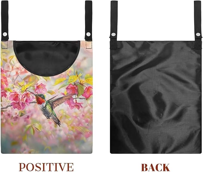 Hummingbird Clothespin Bag with Hanging Rope Cherry Blossom 14.5 x 12 Inch Summer Waterproof Laundry Clothes Pin Holder Clothespin Storage Organizer with Large Opening