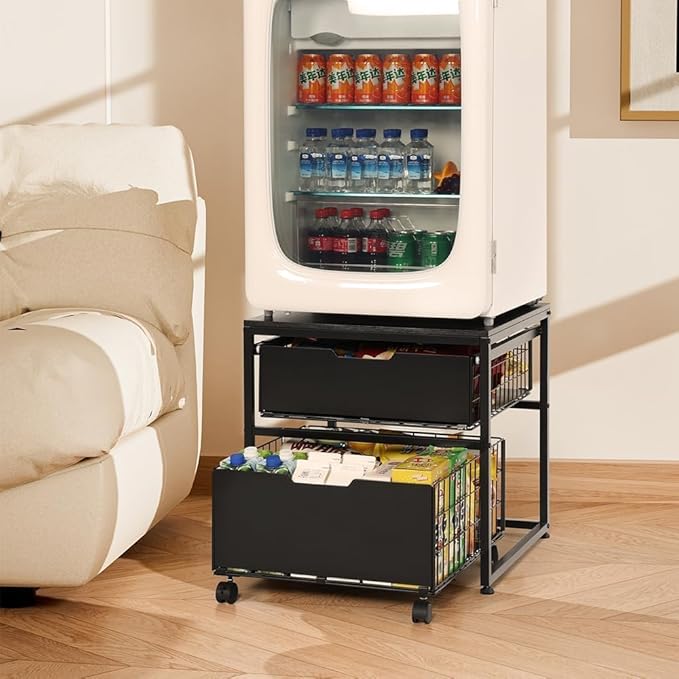 Mini Fridge Stand with Storage Drawer, 21.7”x21.7” Heavy Duty Mini Fridge Table with Wheels, Rolling Beverage Cart with Basket for Home, Office, Bedroom