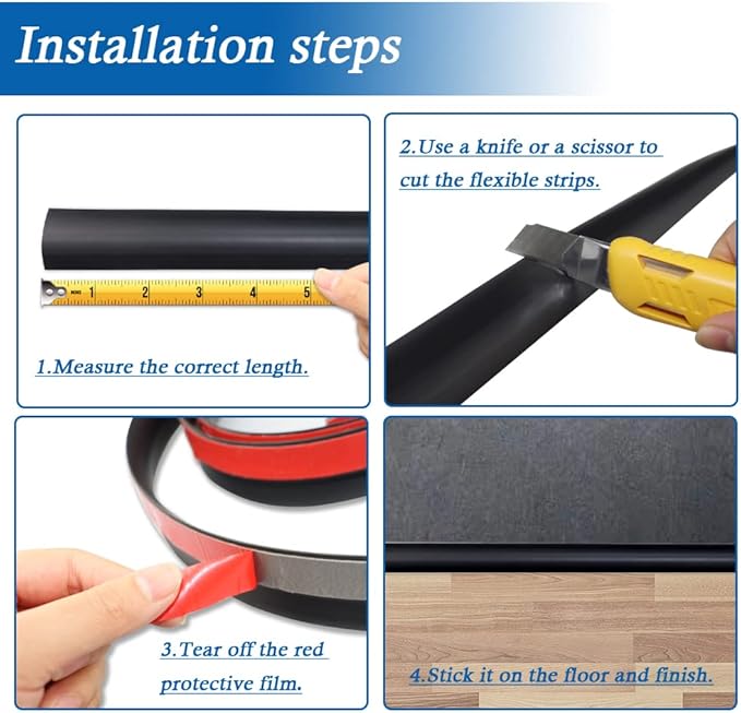 Floor Transition Strip Self Adhesive Carpet & Flooring Transitions Edging Trim Strip PVC Threshold Transitions Suitable for Threshold Height Less Than 10mm (6.56Ft, Black)