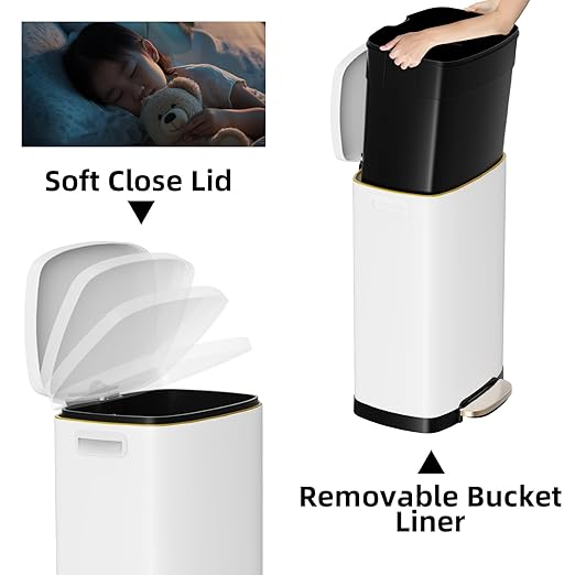 13 Gallon Trash Can with Lid, 50L Fingerprint Proof Stainless Steel Kitchen Trash Can with Removable Inner Bucket and Lid Soft Close, Pedal Rubbish Bin for Home Office, White