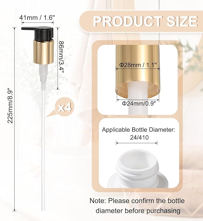 uxcell 4 Pcs Soap Dispenser Pump Heads, Hand Soap Dispensers Top Pumps Replacement Clip-on Pumphead for Standard 24/410 Neck Size Bathroom Lotion Shampoo Bottle, Gold Black