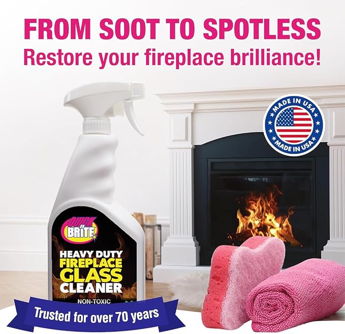 Quick N Brite Fireplace Glass Cleaner 24oz, Nonabrasive Cleaning Spray for Fireplace Glass, Oven Glass, Glass Cooktops, Ceramic-Glass, Microwave Glass (Pack of 3)
