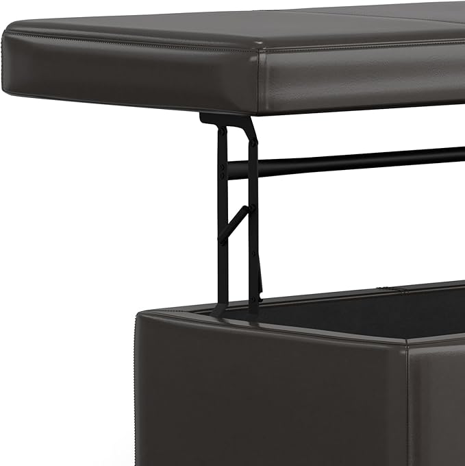 SIMPLIHOME Avalon 44 inch Wide Contemporary Rectangle Lift Top Rectangular Storage Ottoman in Tanners Brown Vegan Faux Leather, Assembled, for the Living Room, Entryway and Family Room.