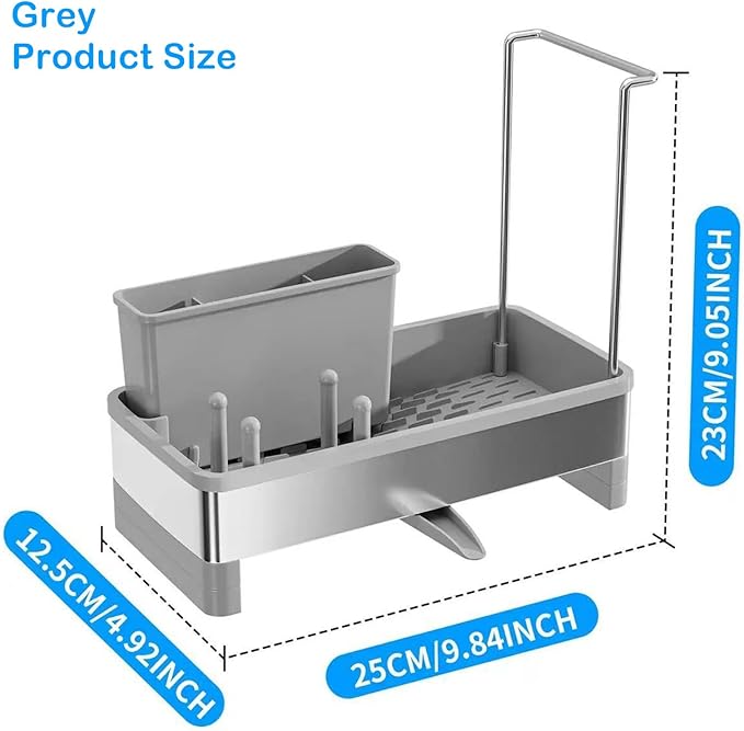 Sponge Holder for Kitchen Sink,Sink Caddy Organizer with Removable Brush Holder,Kitchen Countertop Soap Dispenser Storage with Detachable Towel Rack, Grey