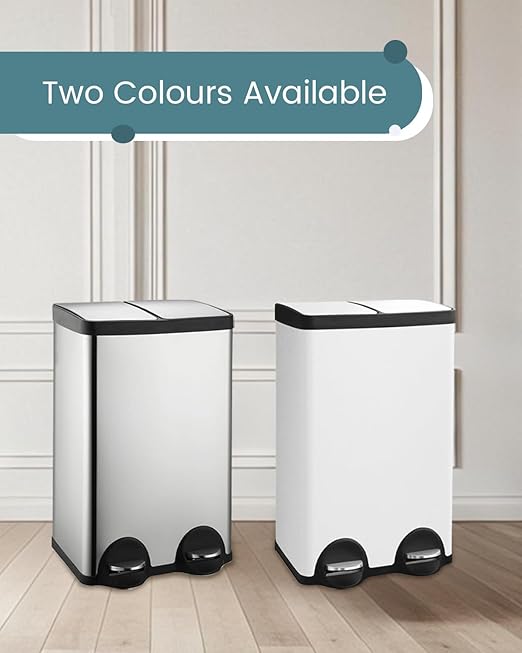 Dual Compartment Stainless Steel Trash Can, 16 Gallon / 60 Liters White Kitchen Garbage Bin with Silent Sealed Lids, Dual Recycling and Trash White for Home & Office