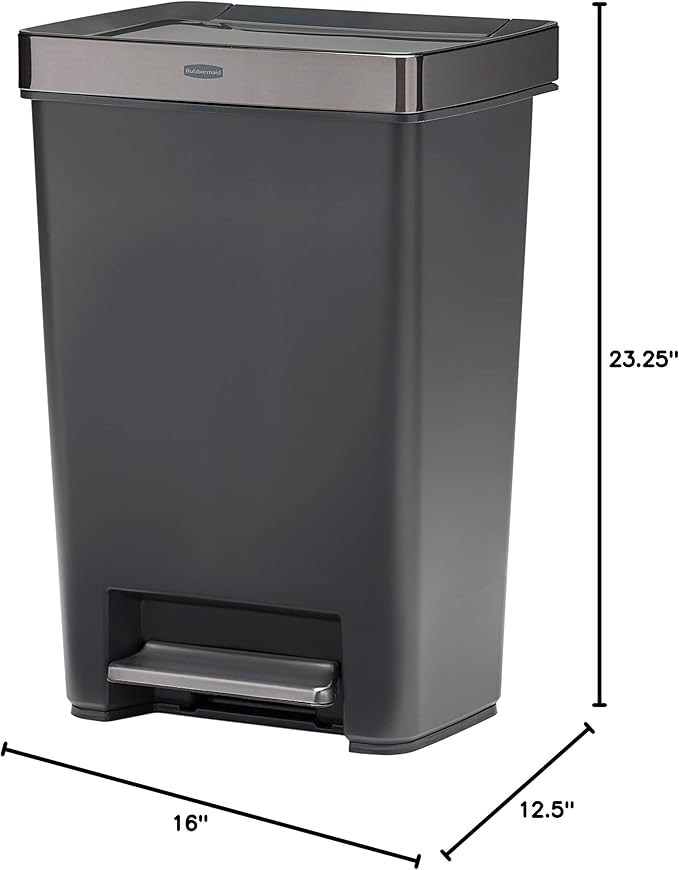 Rubbermaid Premier Series IV Step-On Trash Can for Home and Kitchen, 12.4 Gallon, Stainless Steel Lid Charcoal, for Home/Kitchen/Garage/Apartment/Office