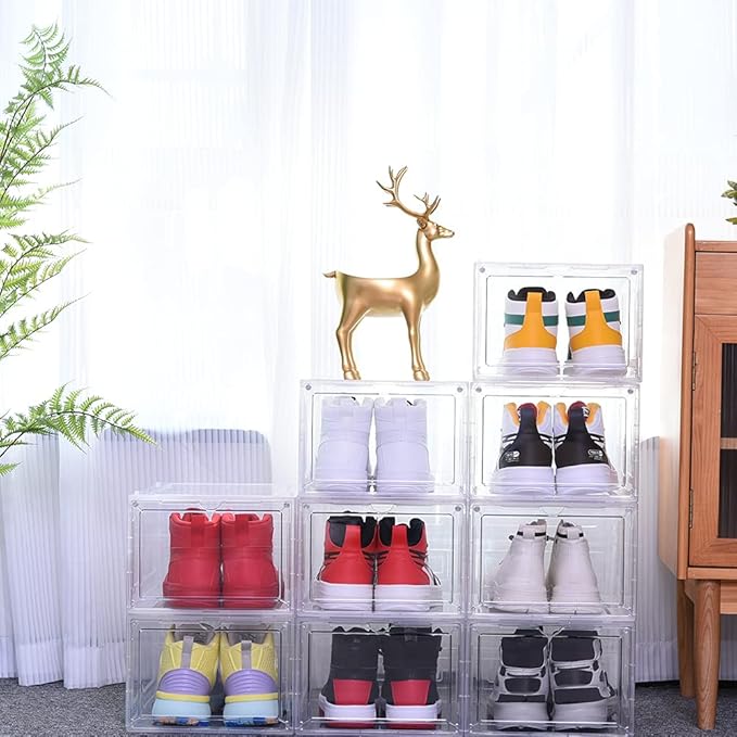 8 Pack Shoe Boxes Clear Plastic Stackable, Drop Front Shoe Storage Organizer for Closet, Sneaker Storage with Magnetic Door, Shoe Display Containers Fit US Size 12 (13.4”x 10.6”x 7.5”) Clear
