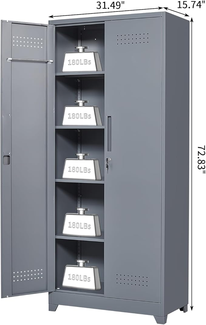 Metal Tool Storage Cabinet, Broom Closet with Hooks, 72.8" Tall Garage Cabinet with Shelves, Heavy-Duty Cleaning Storage for Utility Room, Gym, Office, Garage