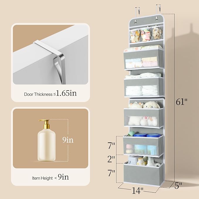 LAMU 6-Tier Over The Door Organizer, Swing - Proof Closet Door Organizer, Flexible 1 Split into 2 Over The Door Storage Organizer for Nursery, Bathroom, Bedroom, Grey, 5 x 14 x 61in