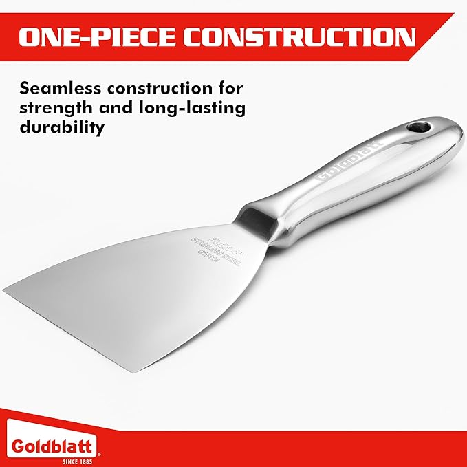 Goldblatt 4" Putty Knife, One-Piece Paint Scraper Tool, All Stainless Steel Joint Knife with Flexible Blade, Seamless Design, Metal Ergonomic Handle - for Drywall Repairing, Finishing and Scraping