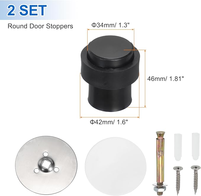 PATIKIL 2Set Round Door Stoppers, 46mm Stainless Steel Door Stop Doorstop Wedge Metal Cylinder Self Adhesive with Screw for Bottom of Door Floor Inside, Black