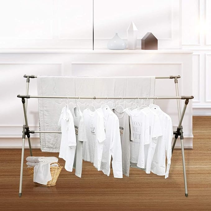 Clothes Drying Rack, Adjustable and Foldable Laundry Rack, Space Saving Hanger Rack, Retractable 47-79 Inch Clothes Rack Heavy Duty Garment Rack for Indoor/Outdoor