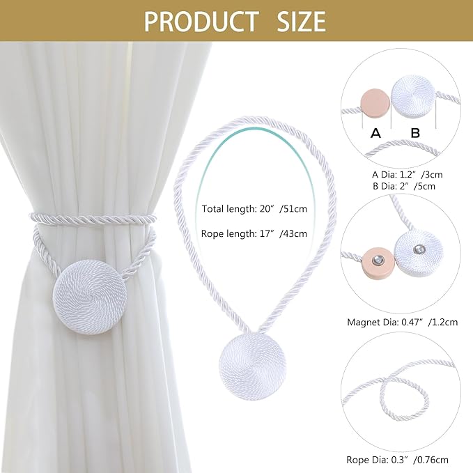 Magnetic Curtain Tiebacks - 12mm Magnetic Tie Backs for Curtains, Heavy Duty No Drill Curtain Holdbacks for Home/Office Windows Drapes, Elegant Gift-Ready Design 7 Colors (2, White)