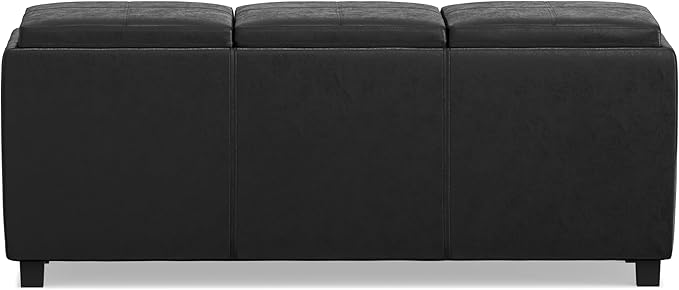 SIMPLIHOME Avalon 42 inch Wide Contemporary Rectangle Storage Ottoman in Distressed Black Vegan Faux Leather, Assembled, For the Living Room, Entryway and Family Room