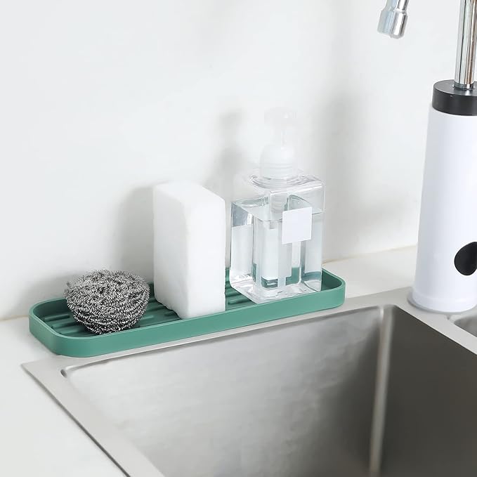 Silicone Kitchen Sink Organizer Tray for Multiple Usage,Eco-Friendly Sponges Holder for Kitchen Bathroom Counter or Sink,Dish Soap Dispenser,Scrubber,Bottle,Cup (Green, 12"×4")