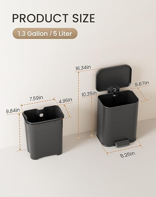 Cesun Small Bathroom Trash Can with Lid-1.3 Gal, Outdoor Stainless Steel Garbage Can for Dog Poop with Anti-Slip Base, for Bathroom, Bedroom, Office, RV, Living Room, Black