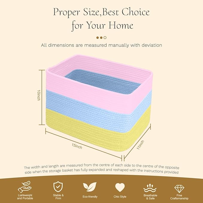 Hopegiver Woven Storage Baskets 15x11x10 Inch, 3 Pack Collapsible Cube Storage Bin for Shelves - Foldable Cotton Rope Organizer Bins for Towels, Toys, Books, Closet, Nursery (Pink Blue Yellow)