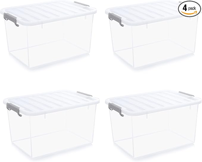 Citylife 44.4 QT Plastic Storage Bins with Latching Lids Stackable Storage Containers for Organizing Large Clear Storage Box for Garage, Closet, Kitchen, 4 Packs