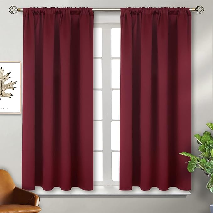 BGment Short Burgundy Blackout Curtains 45 Inches Length - Rod Pocket Thermal Insulated Room Darkening Window Drapes for Bedroom Kitchen Christmas Decorative, 42 x 45 Inch, 2 Panels