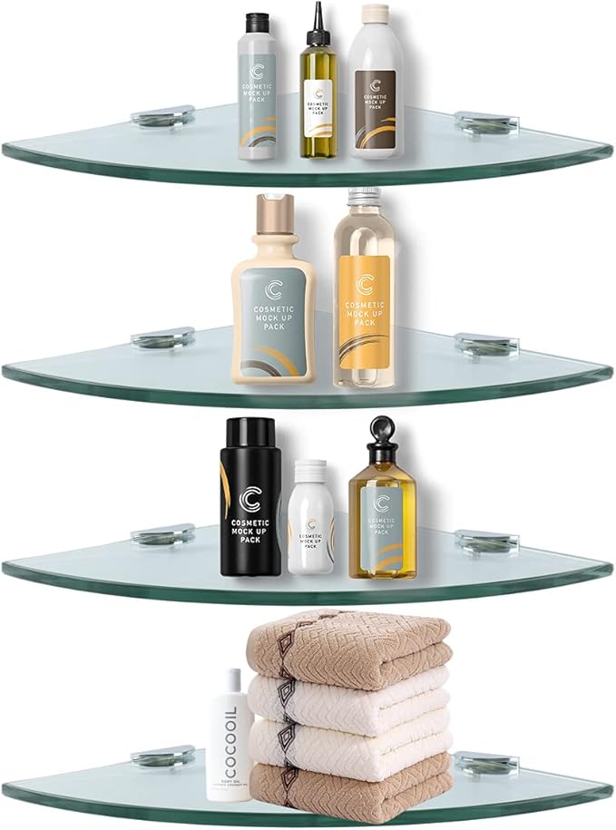 Corner Glass Shower Caddy 4 Pack 8MM-Thick Tempered Glass Shelf No Drilling Wall Mount Corner Mounted Shelves Space Saver Adhesive Bathroom Home Shelf Shampoo Holder Organizer Strong Adhesion