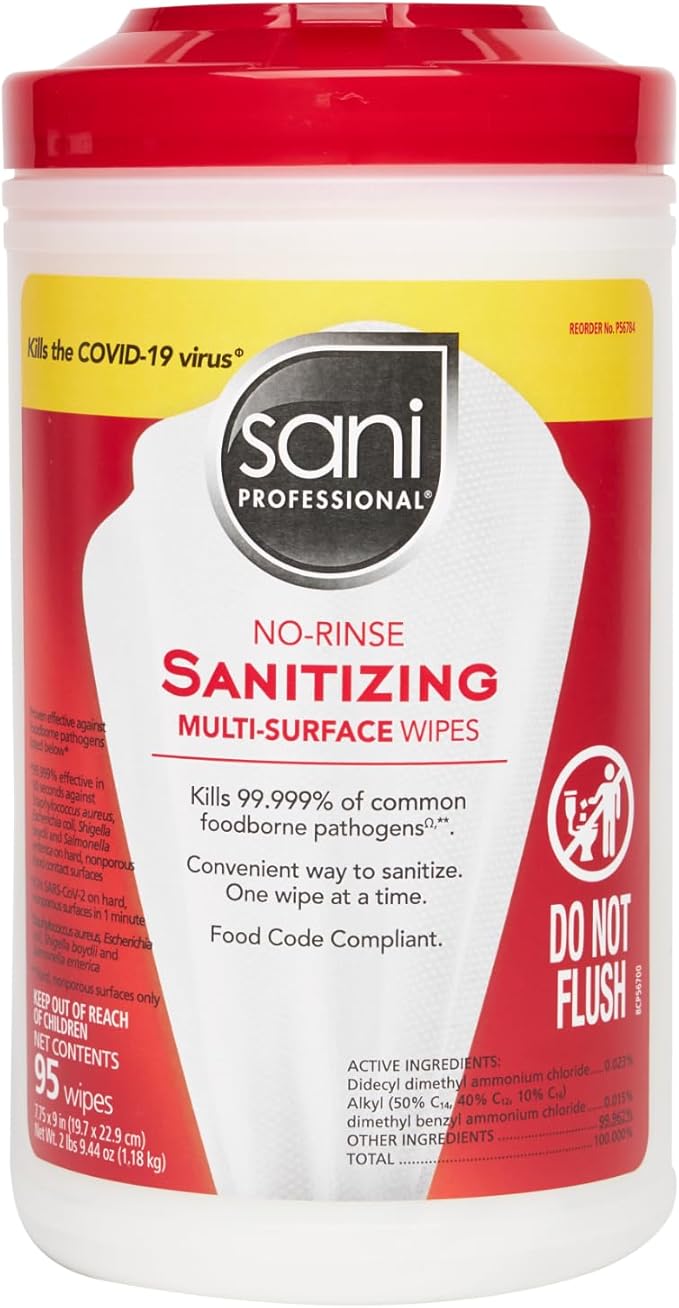 PDI Sani-Professional No-Rinse Sanitizing Wipes, Multi-Surface Cleaning for Food Contact Surfaces, Kitchens, Restaurant Tables, 95 Large 7.75" x 9" Wipes per Canister