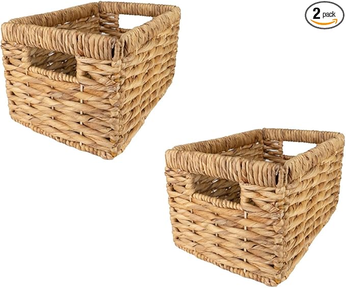 Wicker Basket For Shelves, Baskets for Organizing, Woven Storage Basket with Built-in Handles (Medium 2-Pack, Natural Water Hyacinth)