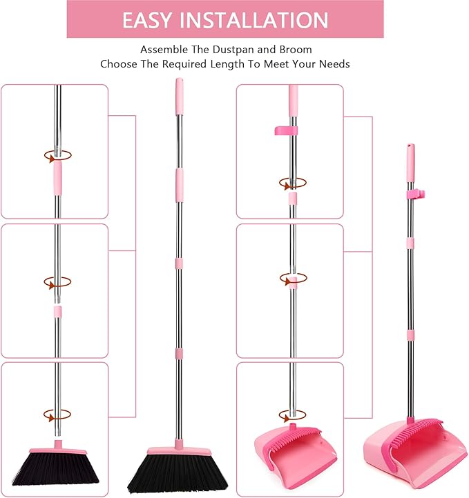 Broom and Dustpan Set, Dustpans with Broom Combo for Home, Heavy Dust Broom and Dustpan Combo, Long Handle Dust Pan and Broom Set for Kitchen, Office, Pet Hair,Pink, Pack of 1