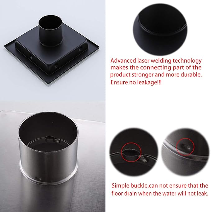 RANDOM Black Shower Drain Square with Removable Tile Insert 6 Inch Drain Cover and Hair Strainer,SUS 304 Stainless Steel Matte Black Shower Floor Drain