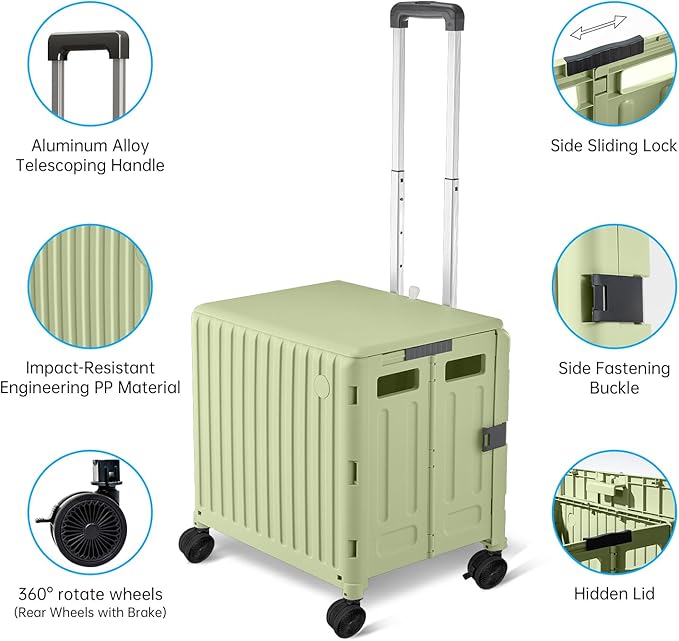 Heavy Duty Rolling Cart for Stairs：Collapsible Utility Crate with Wheels & Handle Foldable Tote Box for Toolbox Trade Show Supplies Teachers TODAYGO Mobile Storage Cart with Lid