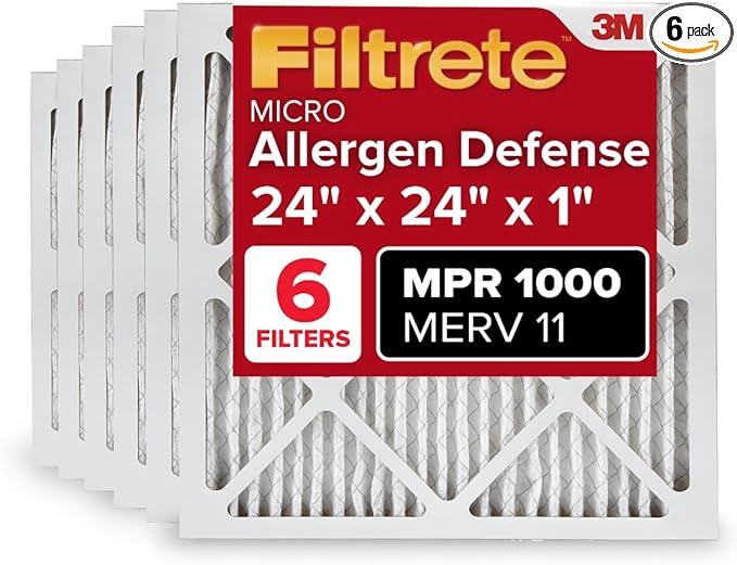 Filtrete 24x24x1 AC Furnace Air Filter, MERV 11, MPR 1000, Micro Allergen Defense, 3-Month Pleated 1-Inch Electrostatic Air Cleaning Filter, 6 Pack (Actual Size 23.81x23.81x0.81 in)