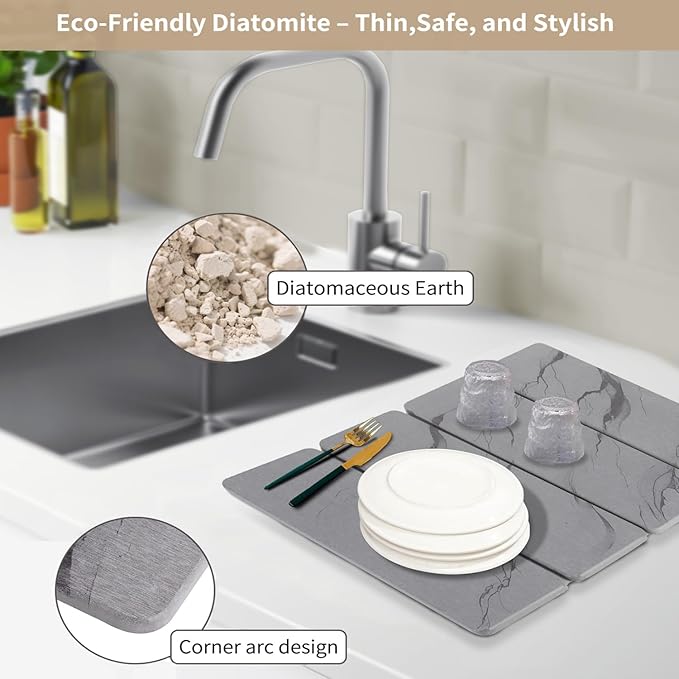 Large Stone Drying Mat for Kitchen Counter24"x16" , Misty Gray,Diatomaceous Earth Quick Dry Foldable Dish Drying Mat, Eco-Friendly Minimalist Design for Modern Homes (Gray, Large)