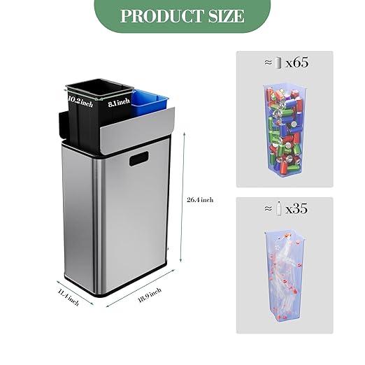 15-Gallon Dual Trash Can, Step-On Pedal Kitchen Trash Bin with Butterfly Lid, Odor-Proof Stainless Steel Large Trash Recycle Bin Combo with Removable Inner Buckets (2 x 28L) - Silver