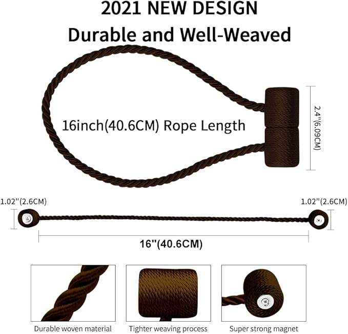 18 Inch Strong Magnetic Curtain Tiebacks, Curtain Holdbacks Modern Upgrade Strong 2021 New Twisted Style Decorative Drapery Rope Tie Backs(4 Pack Dark Coffee)