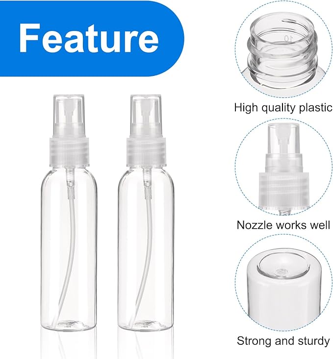 uxcell 20Pack Spray Bottles, 2Oz/60ML Reusable Clear Empty Mist Plastic Mini Travel Bottle Set,Small Refillable Liquid Containers for Household Use, Essential Oil, Cleaning (Transparent)