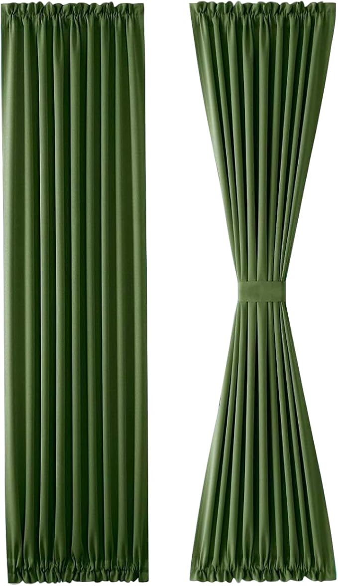 DWCN French Door Curtains – Rod Pocket Thermal Blackout Curtain for Window/Patio Doors/Doorways/Classroom/Kitchen for Privacy, 23W by 72L Inches, 1 Panel with Tieback, Olive Green